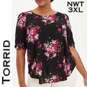 Torrid Top Blouse 3X Black & Pink Floral Short Sleeve Ruched Cottagecore NEW